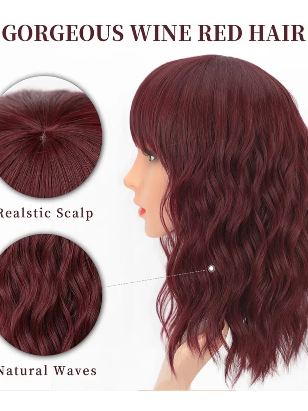 C1- Wine Red Burgundy Wavy Bob Wig with Bangs - Women Hair
